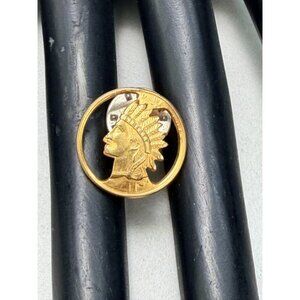 Vintage Indian Chief Head Gold Tone Circle Brooch Native Style Pin